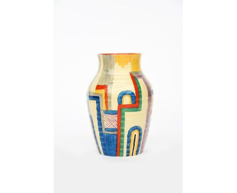 'Tennis' a rare Clarice Cliff Fantasque Bizarre Isis vase, painted in colours printed factory marks, 24.5cm. high Provenance 