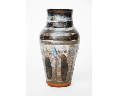 ‡ William Staite Murray (1881-1962) a shouldered stoneware vase, incised and painted with stylised foliate panels, in brown a