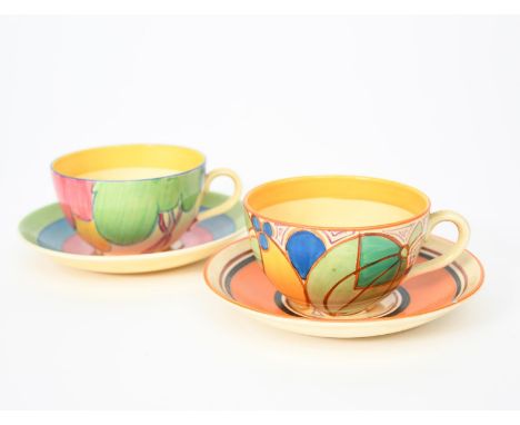 'Green Melon' a Clarice Cliff Fantasque Bizarre Globe tea cup and saucer, painted in colours, and a Clarice Cliff 'Pastel Mel