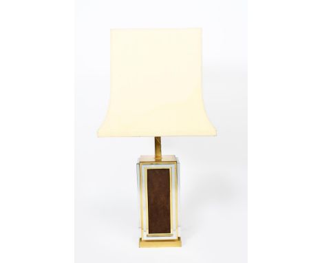 A Maison Janson table lamp,  chrome and brass square section frame set with tan leather panels, Maison Jansen Paris label to 