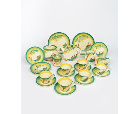 'Secrets' a large Clarice Cliff Bizarre Bon Jour tea set for six, painted in colours, comprising; large tea pot and cover, mi