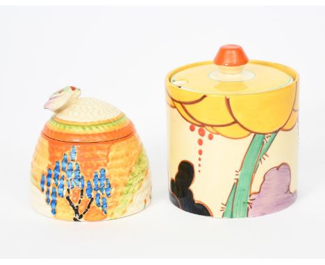 'Windbells' a Clarice Cliff Fantasque Bizarre Beehive Honey pot and cover, painted in colours, and a Clarice Cliff 'Summerhou