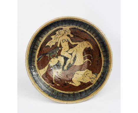 ‡ Eric James Mellon (1925-2014) a stoneware bowl dated 1982, with philadelphus glaze, the flaring bowl painted to the well wi