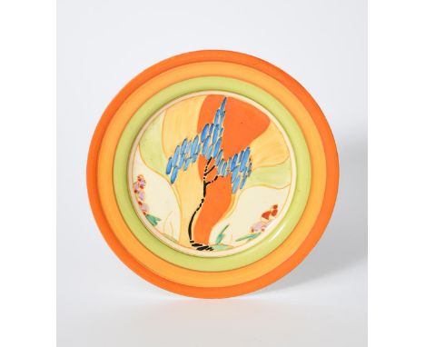 'Windbells' a Clarice Cliff Bizarre plate, painted in colours inside green and orange bands, printed factory marks, 22.5cm. d