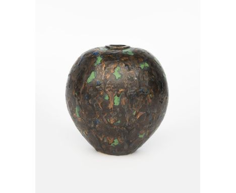 ‡ Geoffrey Eastop (1921-2014) a stoneware vase, ovoid with flattened sides, copper and bronze glaze with blue and copper spla