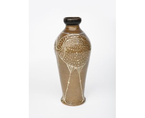 ‡ William Staite Murray (1881-1962) 'Dark Celadon White Birds' a fine tall stoneware vase, slender shouldered cylindrical for