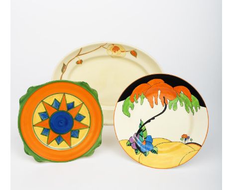 'Original Bizarre' a Clarice Cliff sandwich plate, painted with an orange star to the well with green outline, band of blue d