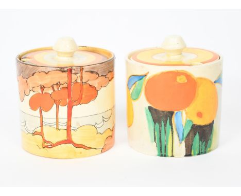 'Coral Firs' a Clarice Cliff Bizarre Cylindrical preserve pot and cover, painted in colours, and a `Delecia Citrus` Cylindric