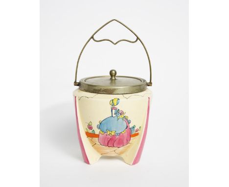'Applique Idyll' a Clarice Cliff Bizarre biscuit box with electroplated mount and cover, painted in colours printed factory m