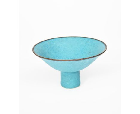 ‡ Emmanuel Cooper OBE (1938-2012) a porcelain stem bowl, covered in a pitted, matt blue glaze, the rim highlighted with bronz