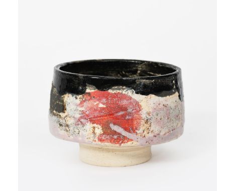 ‡ Robin Welch (1936-2019) a stoneware chawan, cylindrical form, painted with pink, blue and red on an oatmeal ground, the top