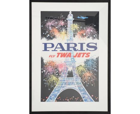 David Klein Paris Fly TWA Jets, 1962 a lithographic poster on paper, printed in the USA, depicting the Eiffel Tower lit by fi