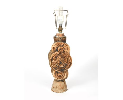 ‡ Bernard Rooke (born 1938) a stoneware totem lamp base,  cast and incised decoration in rust on an oatmeal ground, stamped R
