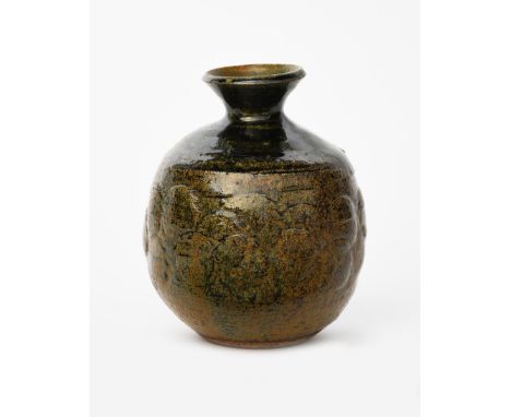 ‡ Janet Leach (1918-1997) an unusual Leach Pottery vase, shouldered form with modelled band of disc motif, glazed ash green a