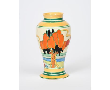 'Solitude' a Clarice Cliff Fantasque Bizarre Mei Ping vase, painted in colours between yellow and green bands, printed factor