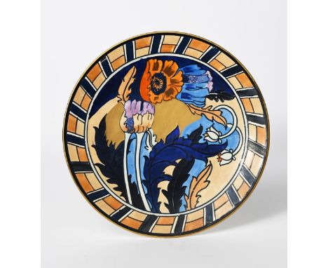 A Bursley Ware pottery charger designed by Charlotte Rhead, pattern no.1550, tubeline decorated with wild poppy flowers in sh
