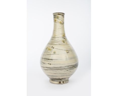 ‡ Jim Malone (born 1946) An Ainstable Pottery stoneware bottle, with impressed triangle motif, covered in a bold Hakeme glaze