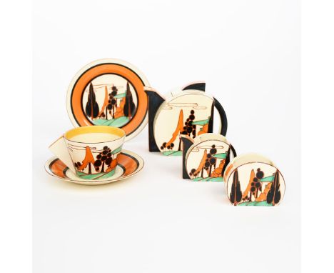 'Orange Trees and House' a Clarice Cliff Fantasque Bizarre Stamford tea set for one, comprising teapot and cover, milk-jug an