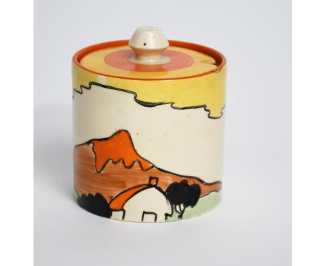 'Mountain' a Clarice Cliff Bizarre Cylindrical preserve pot and cover, painted in colours printed factory marks, small bruise