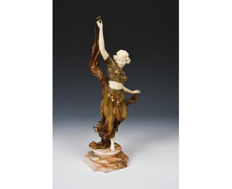 Affortunato Gori Oriental Dancer a gilt bronze and ivory figure of a woman dancing with a scarf, on veined marble base, cast 