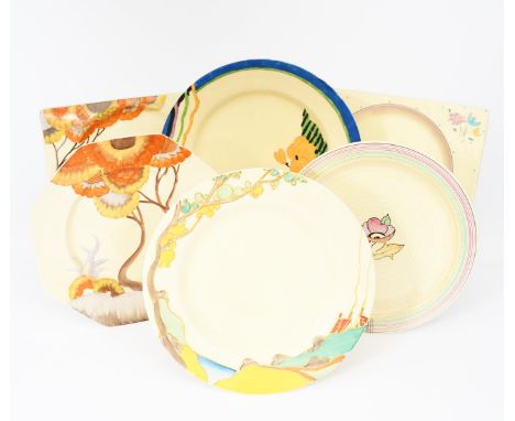 'Rhodanthe' a Clarice Cliff Bizarre plate, painted in colours, a 'Rhodanthe' Biarritz plate, a Secrets plate and three other 