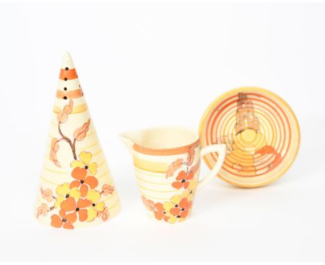 'Orange Hydrangea' a Clarice Cliff Bizarre  Conical sugar sifter, painted in colours, an Orange Hydrangea Lynton milk-jug, an