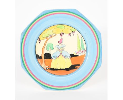 'Applique Idyll' a Clarice Cliff Bizarre plate, painted in colours inside blue, pink and green bands, printed factory marks, 
