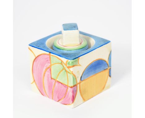 'Pastel Melon' a Clarice Cliff Bizarre Cube inkwell and cover, shape no.438, painted in colours printed factory mark, 7.5cm. 