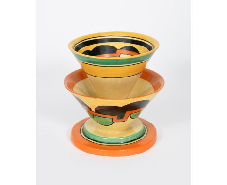 'Castellated Circle' a rare Clarice Cliff Fantasque Bizarre Double Conical bowl, shape no.380, retailed by Lawleys, painted t