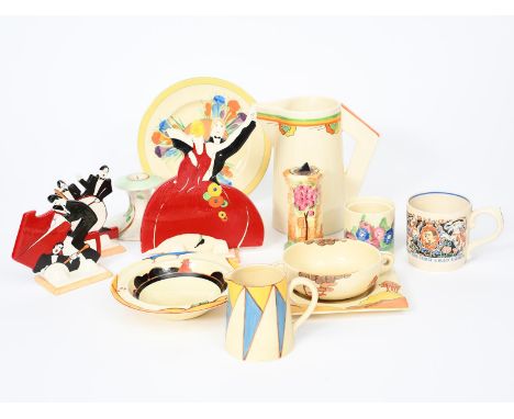 'Coral Firs' a Clarice Cliff Bizarre Biarritz soup bowl and cover, painted in colours, a 'Summerhouse' breakfast bowl, an Ori