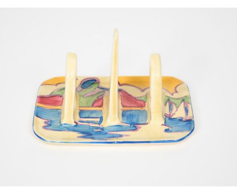 'Gibraltar' a Clarice Cliff Fantasque Bizarre two slice toast rack, painted in colours, printed factory marks, 12.5cm. wide