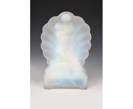 An opalescent glass table lamp probably Sabino,  cast as a naked maiden before a clam shell, riding waves, with applied light