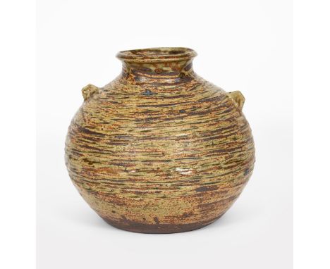 ‡ Janet Leach (1918-1997) a large Leach Pottery stoneware vase, ovoid with lug handles and collar rim, incised surface decora