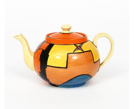 'Sunray' a Clarice Cliff Globe teapot and cover, painted in colours below orange band, the cover with orange band printed fac