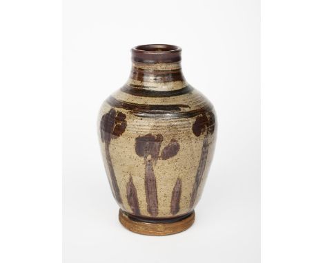 ‡ William Staite Murray (1881-1962) a stoneware vase, painted with simple Flag Iris flower stems in iron on a speckled oatmea