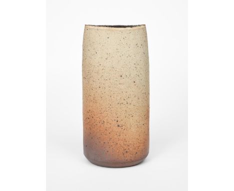 Joanna Constantinidis (1927-2000) a stoneware vase, elliptical section, burnished to base with speckled brown glaze and bronz