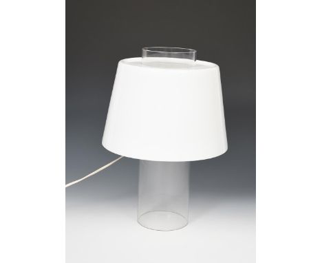 A Modern Art acrylic table lamp designed by Yki Nummi, designed 1955, cylindrical clear perspex body with flaring opaque whit