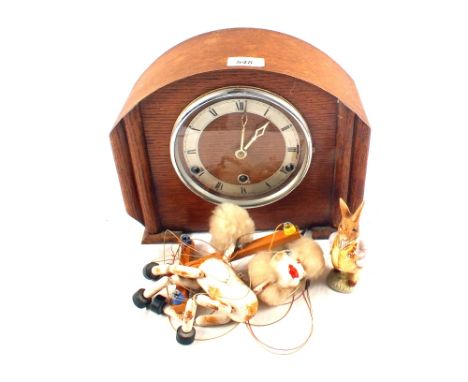 An Oak mantel clock, a string puppet plus a Royal Albert Mr Benjamin Bunny