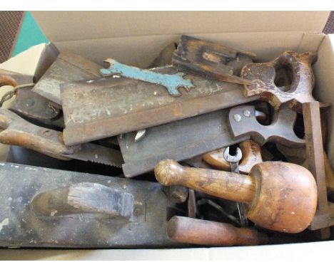 A box of various woodworking tools