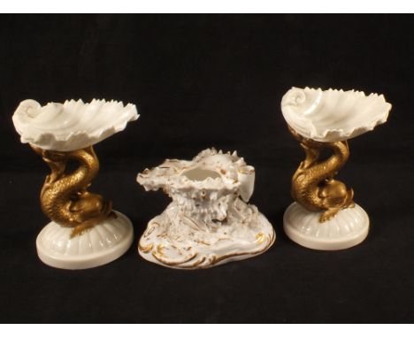A pair of Grainger Worcester dolphin and shell dishes plus a Copeland Garrett shell decorated pen stand