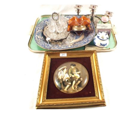 A ceramic plaque 'Boys Picnicking' plus other items including a Silver Whisky label