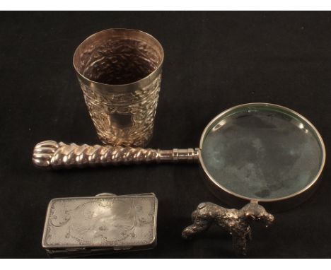 A Silver handled magnifying glass, white metal snuff box dated 1869 plus other items