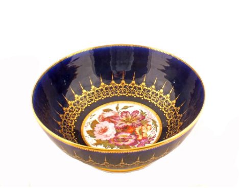 A Chamberlains Worcester blue ground floral bowl, dia 11"