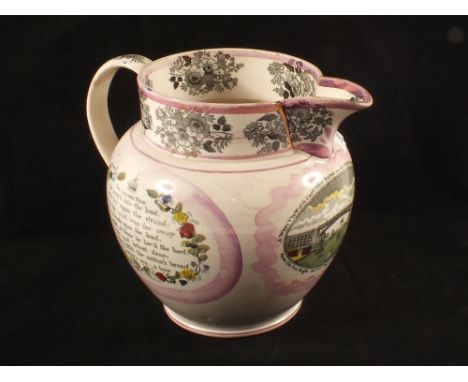 Two Sunderland pottery lustre jugs, one with Iron Bridge and mottos, the other decorated with a ship, William IV (both cracke