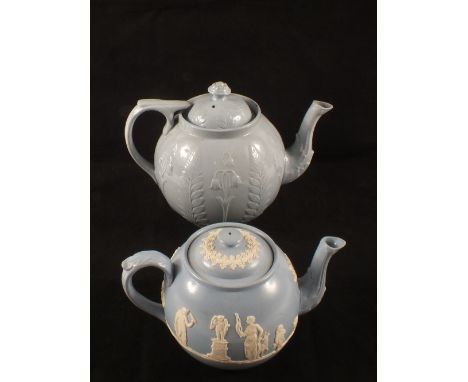 A 19th Century Dudson blue fern and floral decorated teapot plus one other with applied classical figure decoration