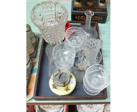 A milk glass oil lamp, other glass including decanters, cruet set etc (two trays)