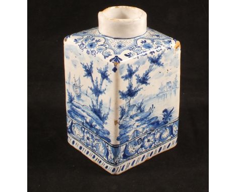 A 19th Century Dutch Delft tea caddy with lake scene decoration, A K mark, (light chips)