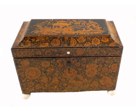 A Georgian two compartment tea caddy with exterior yellow floral and landscape chinoiserie decoration, the inside lid and com