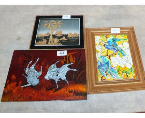 A lacquer and Mother of Pearl panel of fish, a ceramic parrot picture plus a cork picture