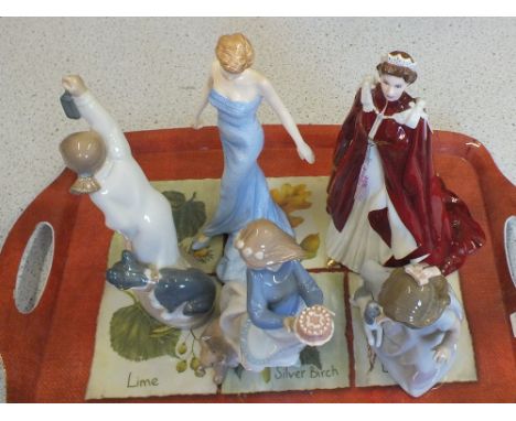 Royal Worcester Queens 80th birthday and Royal Doulton Princess Diana figurines plus three Nao figurines